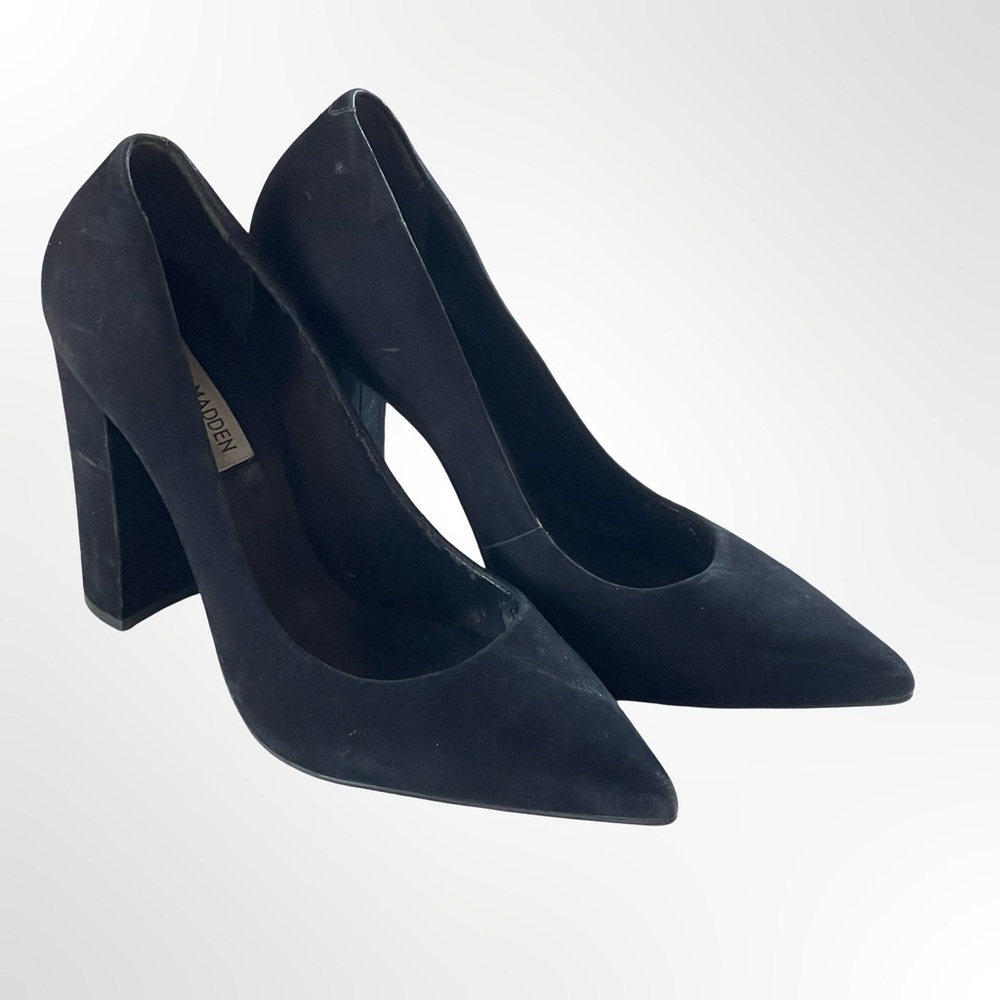 Steve Madden Black Suede Pointed Block Heel Pumps